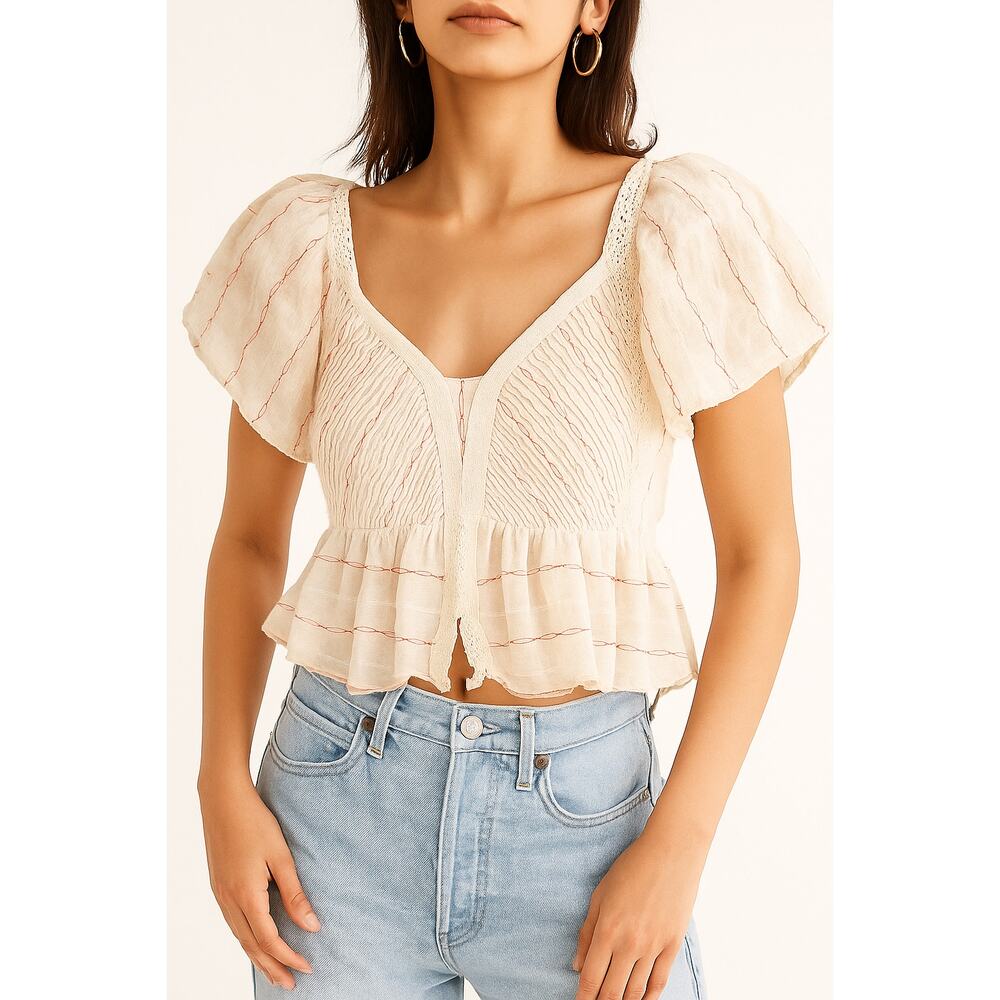 Urban Outfitters Boho Balloon Sleeve Cream Pink Striped Lace Romantic Feminine